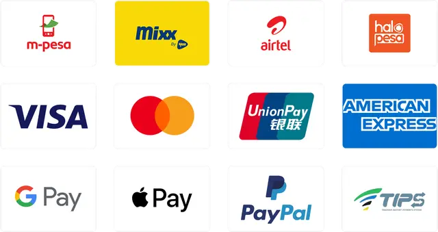 Payment methods: M-Pesa, Mixx by Yas, Airtel Money, HaloPesa, Visa, Mastercard, UnionPay, American Express, Google Pay, Apple Pay, PayPal, TIPS
